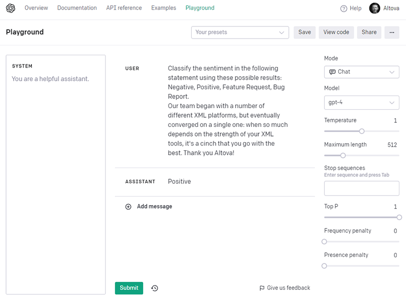 Testing text sentiment analysis in OpenAI Playground