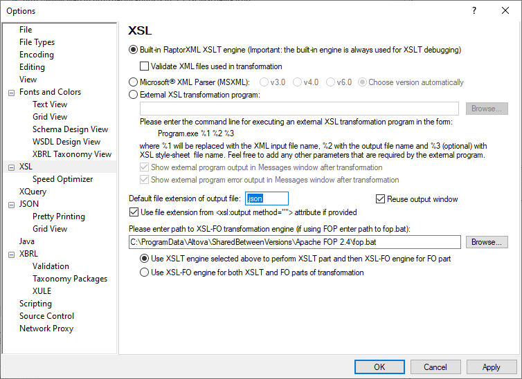 XMLSpy Options dialog for XSL processing