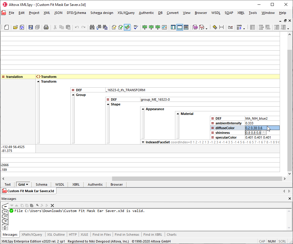 Editing the .x3d file in XMLSpy Grid View
