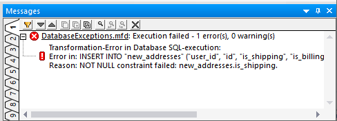 Messages window displays the first error during database exception handling