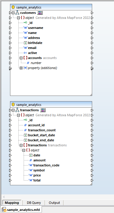 View of the NoSQL collections ready for data mapping