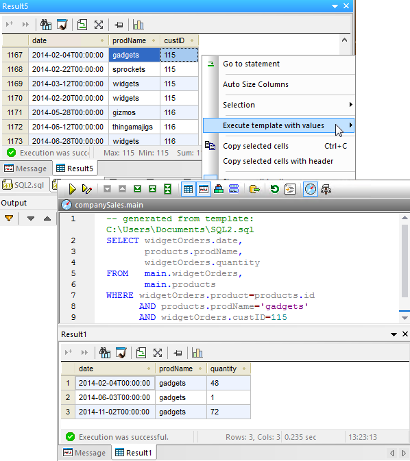 Supplying values by example and executing a SQL query with parameters