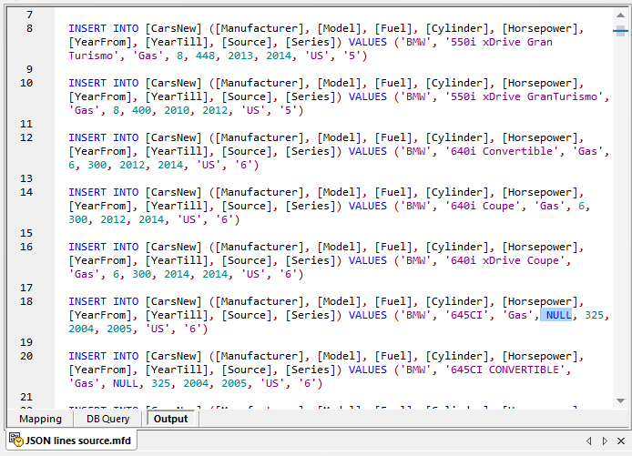Generated SQL script for data mapping JSON lines to a database table