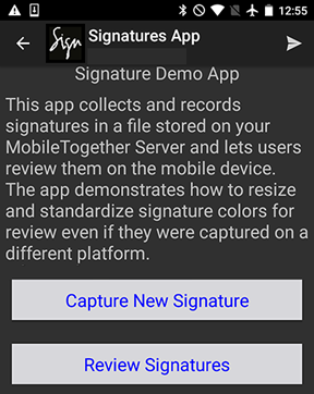 Opening screen of the Signatures cross-platform demo mobile app