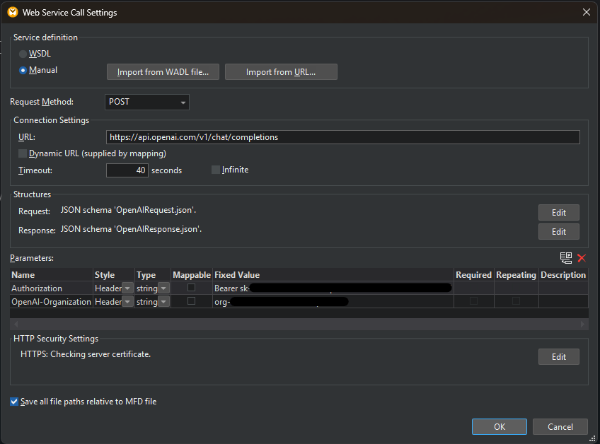 Web service call settings for OpenAI API