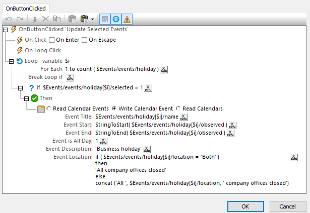 Actions example for mobile app calendar integration