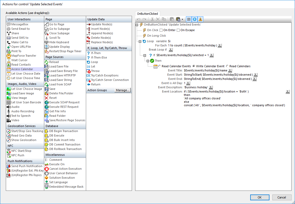 Complete action dialog for building mobile apps with calendar integration