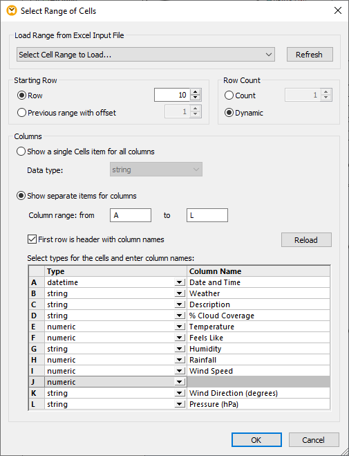 Dialog to define details of the new target cell range