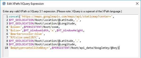 Building a URL for an API in the MobileTogether XPath/XQuery expression editor