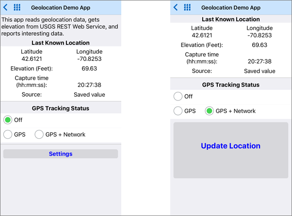 Two views of the GPS demo mobile app