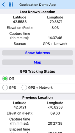 Data view of a location recorded by the GPS demo app
