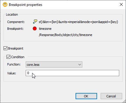 Breakpoint properties dialog for data transformation validation