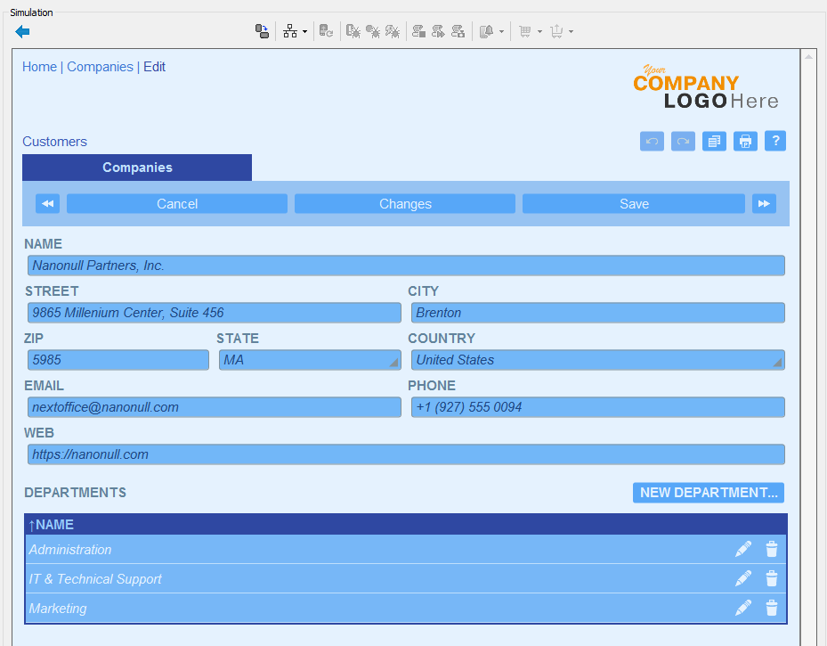 Detailed view of a single company in the Altova RecordsManager sample data set