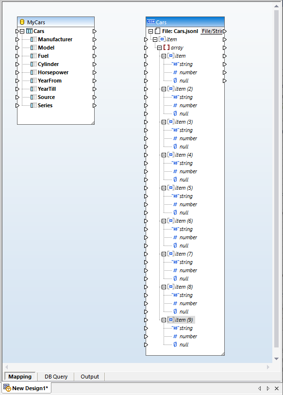 JSON schema with 9 items for data mapping JSON lines