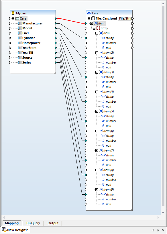 Connecting the database source to output target data