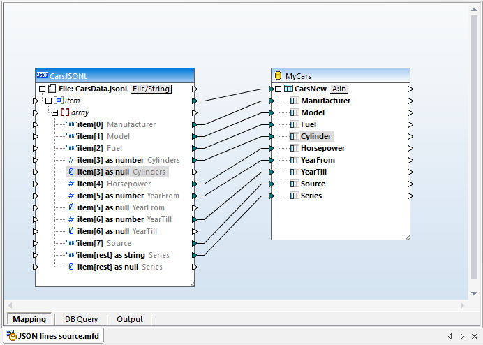 Data mapping JSON lines as the source for a new database table