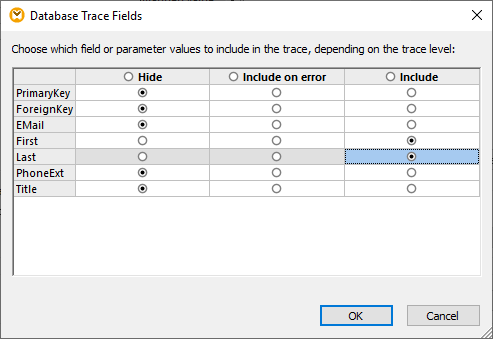 Selecting fields for database trace