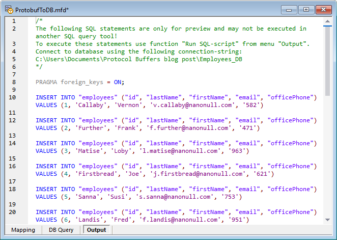 A SQL script as the output of a protobuf to database mapping.