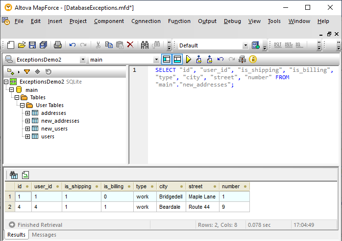 SQL query and results for roll back and continue database exception handling example
