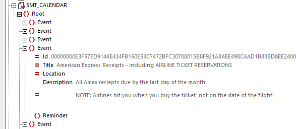 An example of events read during mobile app calendar integration