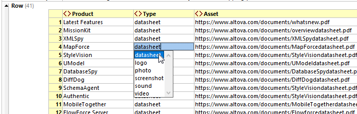 Database upload model in XMLSpy grid view.