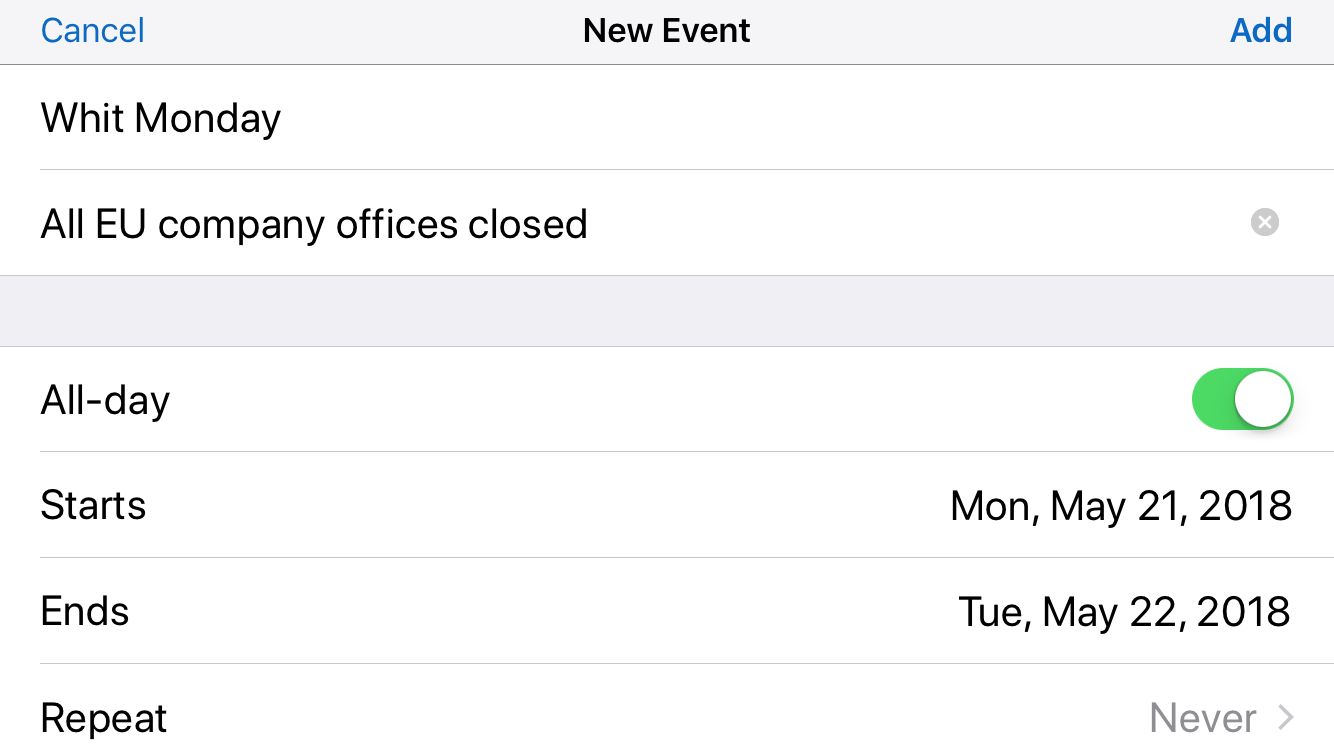Adding a new calendar event on an iPhone