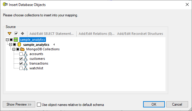 Selecting collections for data mapping from the NoSQL database