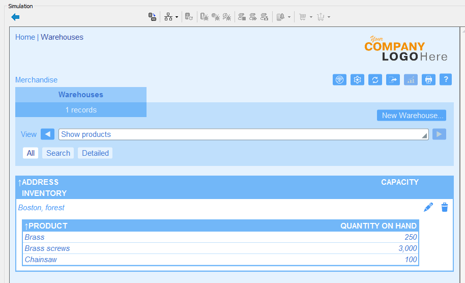 Products listed for a single warehouse in the Altova RecordsManager sample data set