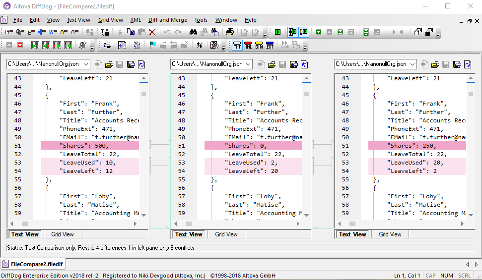 DiffDog 3-way comparison of JSON files
