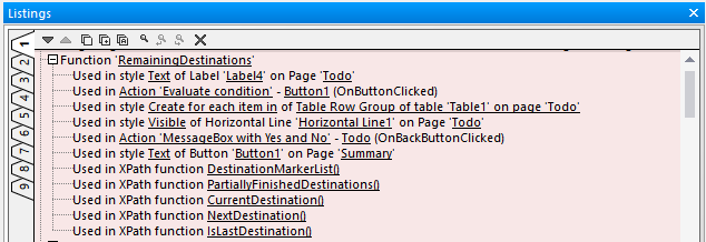 Listing usages of user functions in mobile apps