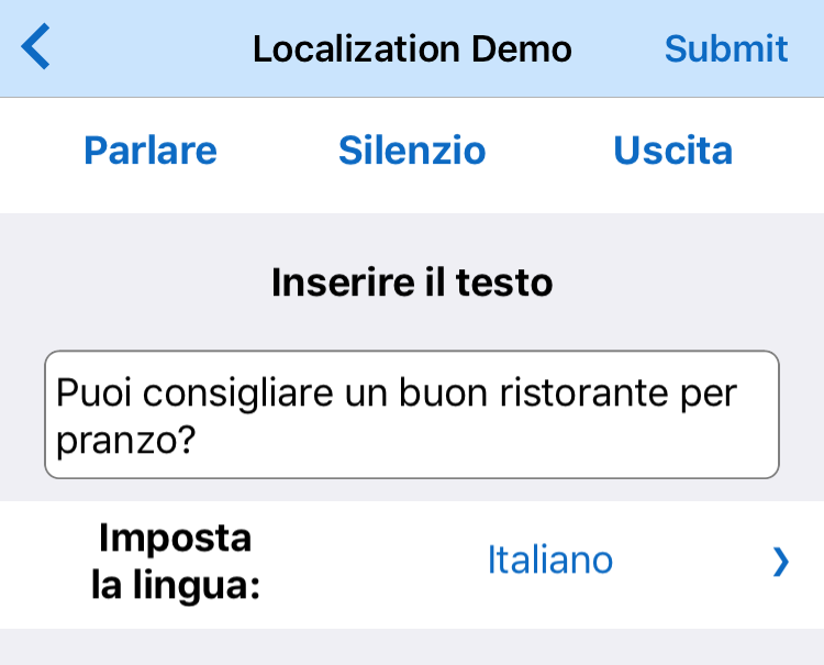 Multi-language localization demo of a mobile app running in Italian