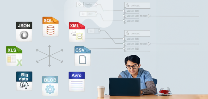 Decorative image showing a person working on a laptop with data formats supported by Altova MapForce in the background
