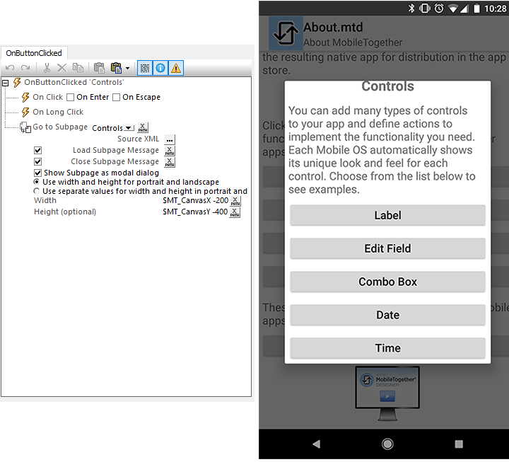 Defining a pop-up window in an app