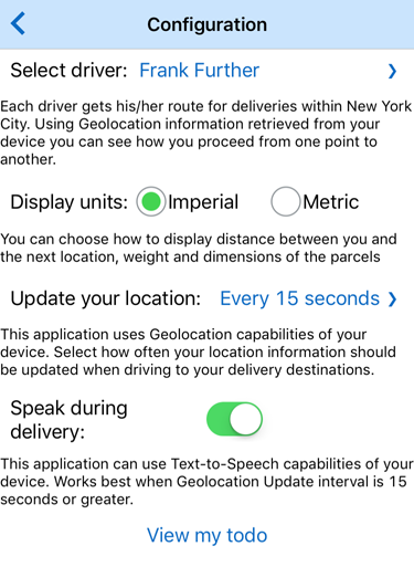 Parcel Delivery mobile demo app Configuration page viewed in the Simulator