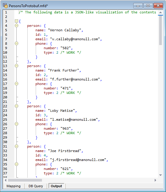 Output preview of data mapping protocol buffers