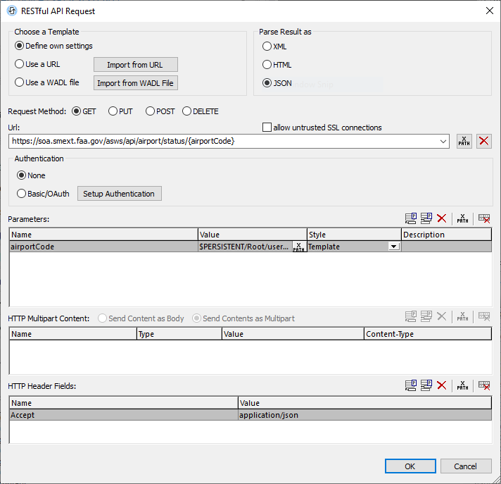 MobileTogether RESTful API Request dialog