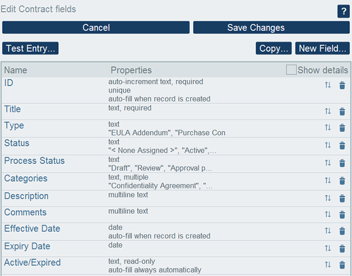 Defining fields for records in the online database