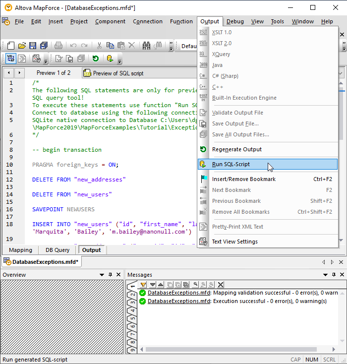 Run SQL script example for database exception handling