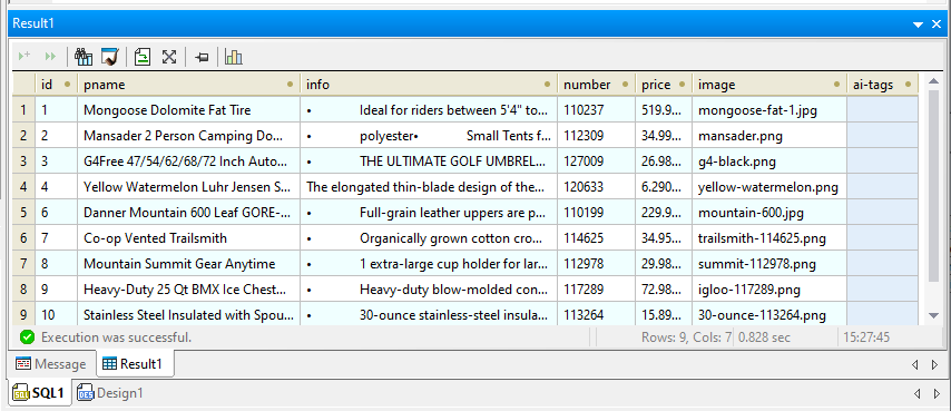 Sample database for a product catalog