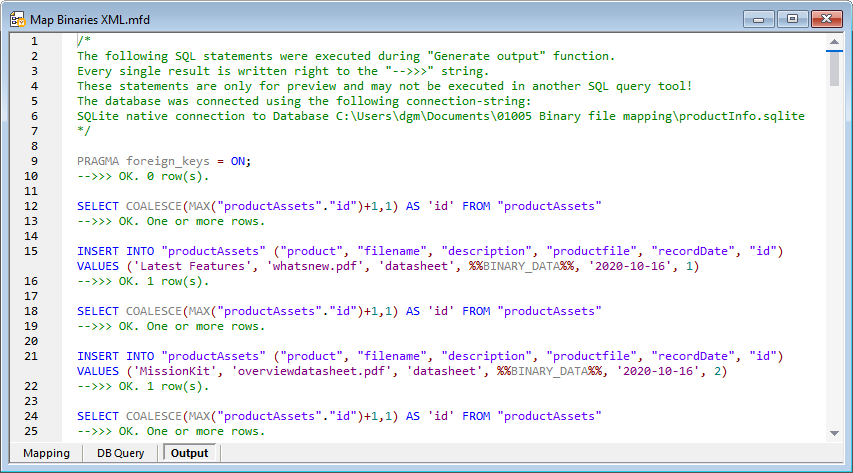 SQL script result after successfully data mapping binary objects