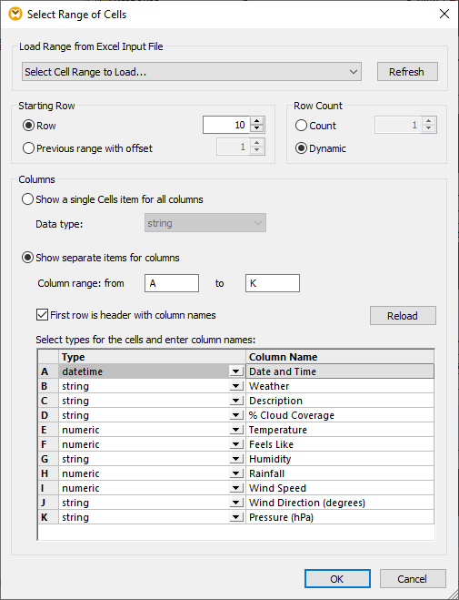 Selecting a cell range to receive the data