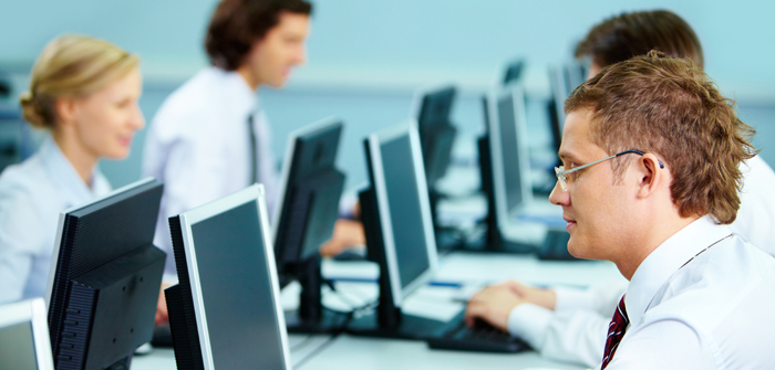 Software developers working in an office