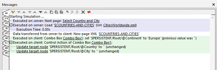 The Messages window reports selection of a continent from the Combo Box