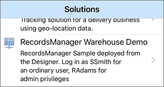 Viewing the Sample app on the MobileTogether server Solutions list
