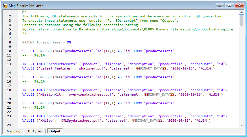SQL script generated for data mapping binary objects
