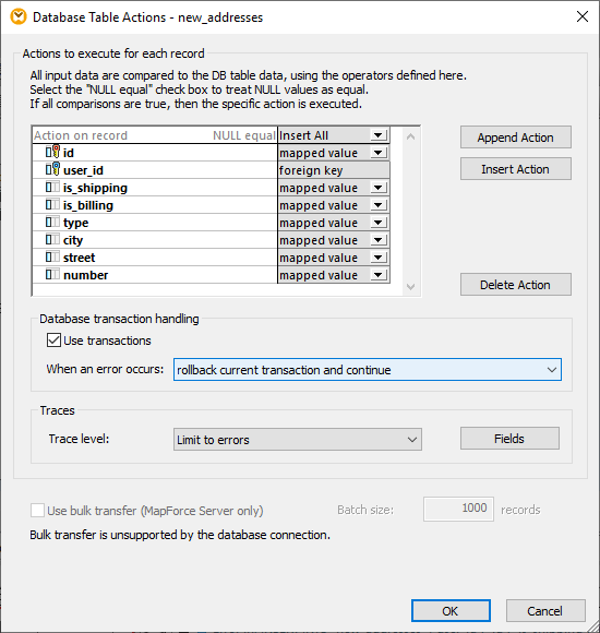 Transaction settings for next database exceptions handling example
