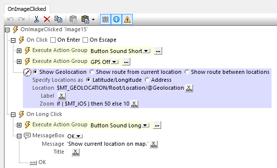 Click vs. long click actions for tool buttons in mobile apps