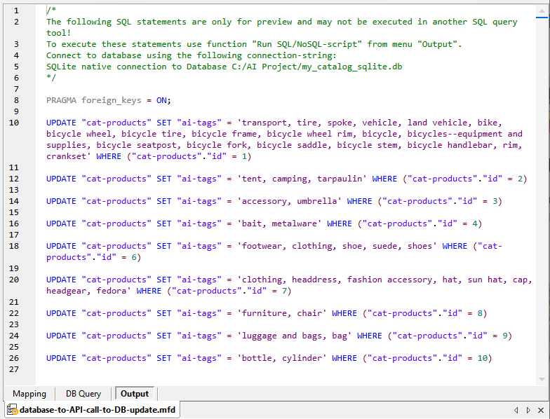 Database update script generated by the AI-based Database Image Classification data mapping