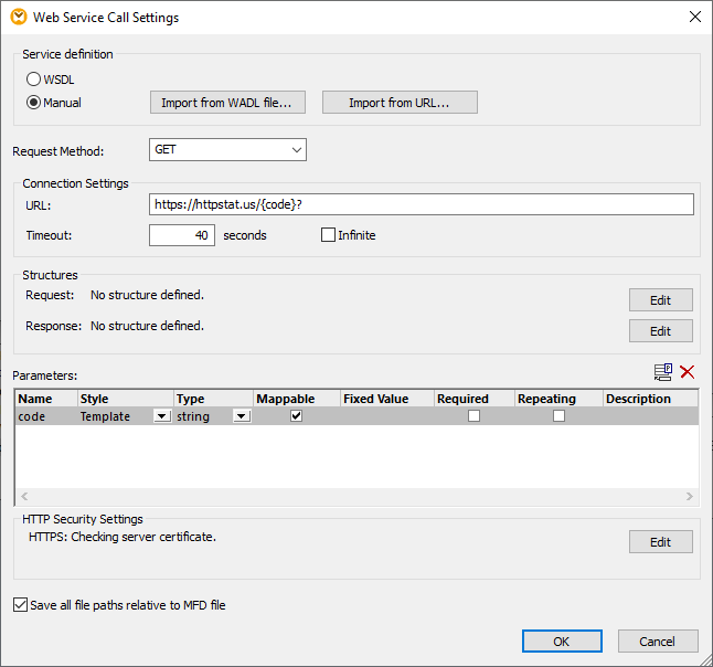 Configuration of the Web service call settings