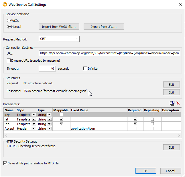 A JSON schema defines the structure of the API response for mapping